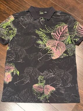 Hugo Boss Golf Polo Shirt Men’s Size Large Regular Fit Floral Print 100% Cotton